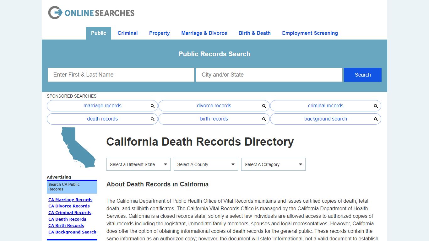 California Death Records Search Directory - OnlineSearches.com